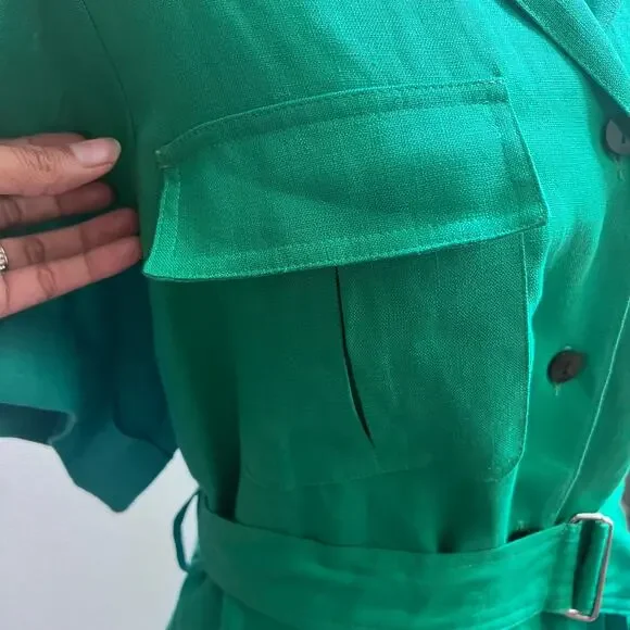 MATTHEW BRUCH Linen Button Front Safari Dress in Kelly Green Belted Women's  4